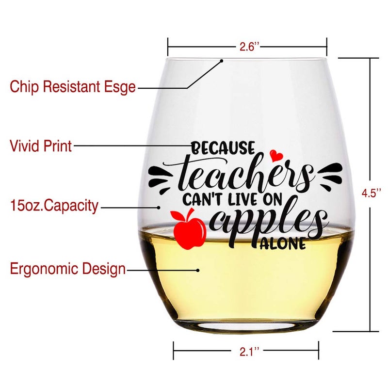 Perfectinsoy Because Teachers Can't Live On Apples Alone Wine Glass - Teacher & Year End Graduation Gift, Birthday, Christmas & Thank You Gift for Her, Mom, Women, Wife, Boss, Sister, Friend - Image 2